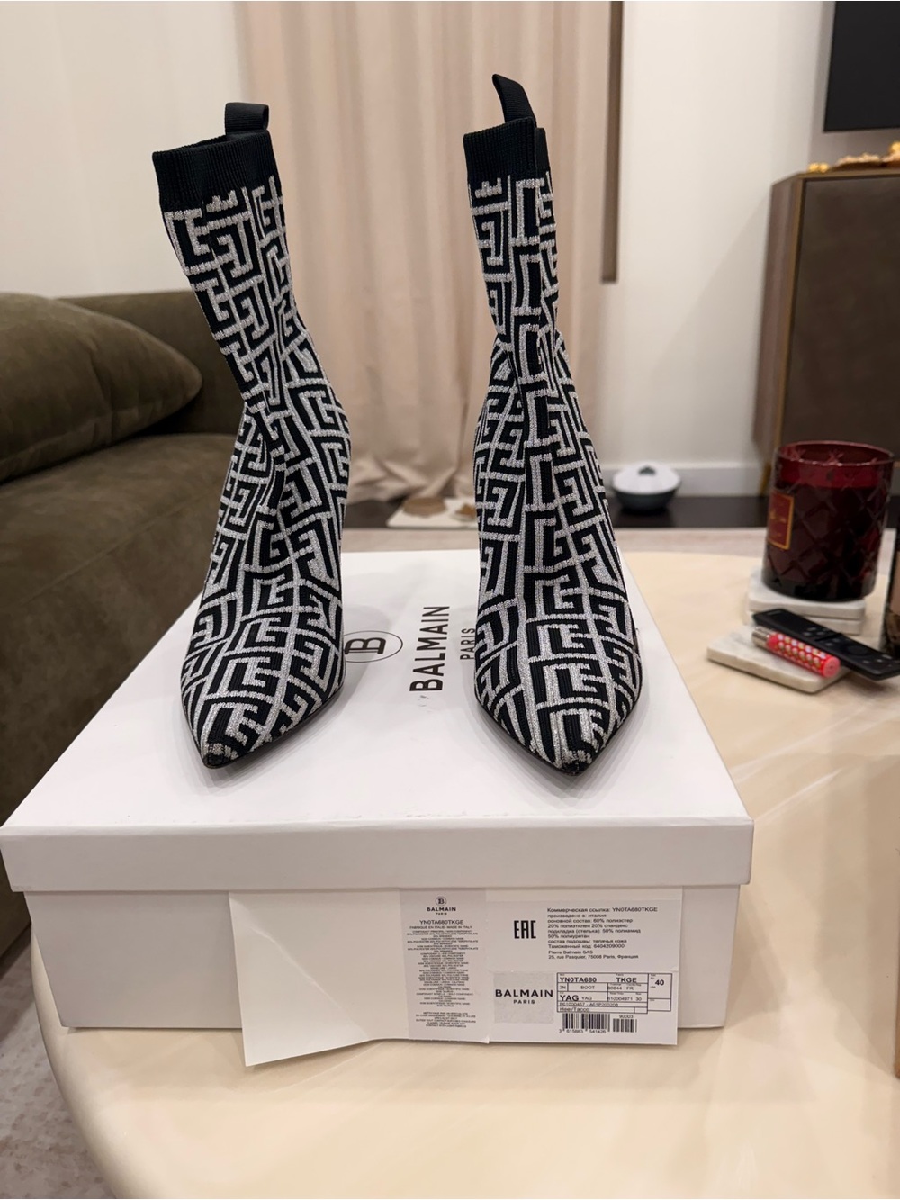 Balmain Black & White Jacquard Pointed Sock Boots